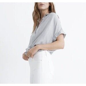 Madewell Central Shirt in Gabriel Stripe Striped Black Grey Gray Short Sleeve M